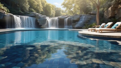 A tranquil pool scene featuring a gentle waterfall cascading into clear blue water.