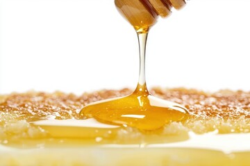 Drizzling golden honey from a wooden dipper onto a fresh honeycomb with a bright studio light