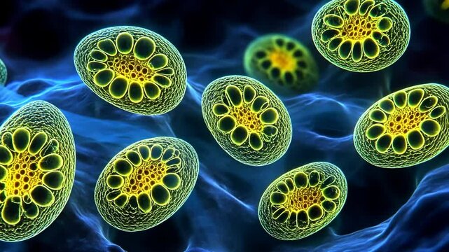 Microscopic view of vibrant green and yellow spores floating in an aquatic environment