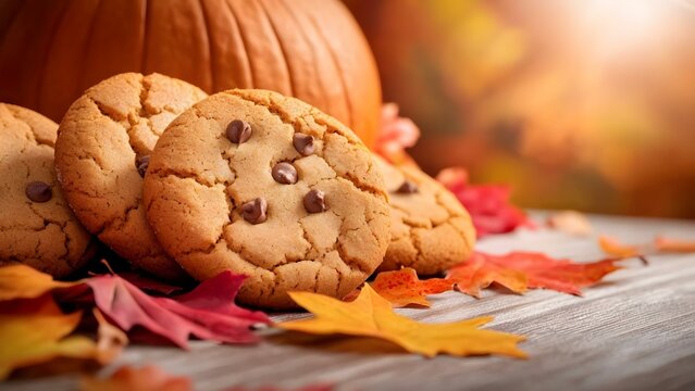 Chocolate chip cookies surrounded by colorful autumn leaves and a pumpkin in the background. Concept Fall Baking, Autumn Decor, Chocolate Chip Cookies, Seasonal Ingredients, Cozy Atmosphere