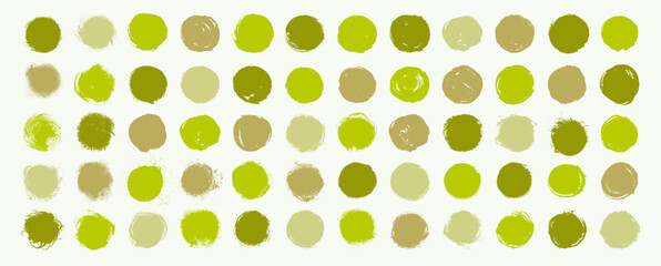 Green round brush strokes. Vector grungy organic rough circles. Various shades of green vintage hand-painted lines, circles, squares, abstract scribbles. Retro eco bio health food labels and stickers