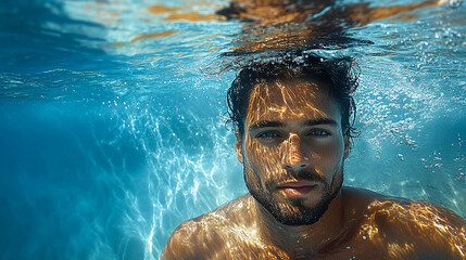 Close-up of a man underwater. His face is partially covered with water, and drops are visible on his hair and skin.