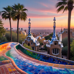 Fototapeta premium Barcelona cityscape from Park Guell at sunrise showcasing colorful mosaic architecture and stunning views