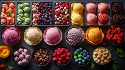 A vibrant array of frozen delights: scoops of ice cream in rainbow hues, creamy gelato in delicate flavors, and a tempting display of frozen treats that tantalize the taste buds.