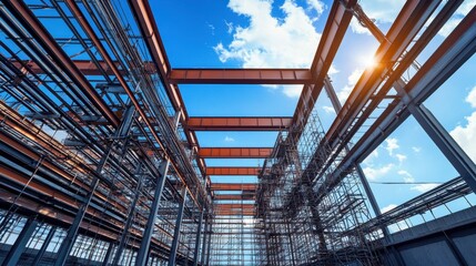 Obraz premium Steel-framed industrial structure under construction with scaffolding.