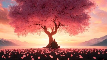 A lonely warrior resting under a giant sakura tree, watching the petals fall into a river.