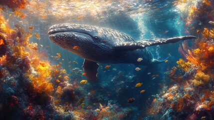 Fototapeta premium Whale swimming coral reef vibrant ocean sunlit background underwater nature
