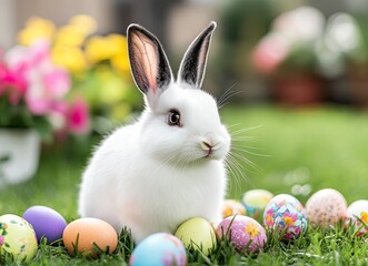Cute Easter Bunny with Colorful Eggs in a Spring Garden