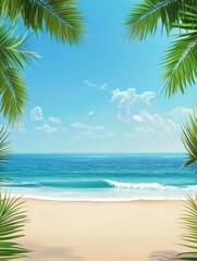 Idyllic Beach View with Palm Trees Framing Tranquil Ocean Scene
