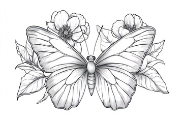 Fototapeta premium Monochrome illustration of a butterfly surrounded by delicate flowers and leaves.