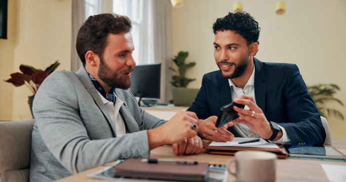 Legal, meeting and phone with lawyer men in office together to review evidence for court case. Collaboration, crime or justice with advocate and attorney talking in law firm for prosecution or trial