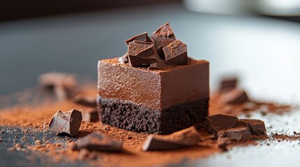 A decadent chocolate brownie dessert, its rich chocolate center oozing with warmth, topped with a cascade of chocolate shavings, a symphony of flavors and textures that tantalizes the taste buds.