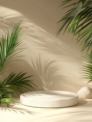 Obraz premium Round Podium with Palm Leaves and Shadows for Product Display