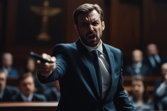 In a courtroom filled with attentive spectators, a lawyer passionately delivers a gripping argument. His intense facial expression and commanding presence underscore the importance of the moment