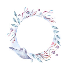 Pink seaweeds and blue stingray aquatic monochrome circle frame watercolor isolated white background. Ocean creatures life wreath. Stingray and fishes in soft dusty tones hand drawn undersea frame.