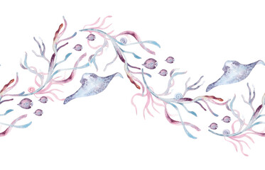 Ocean seamless texture with pastel coral, creatures, and marine plants watercolor isolated. Pastel monochrome repeated border with stingray, fishes hand drawn. Design for packaging, and fabric prints.