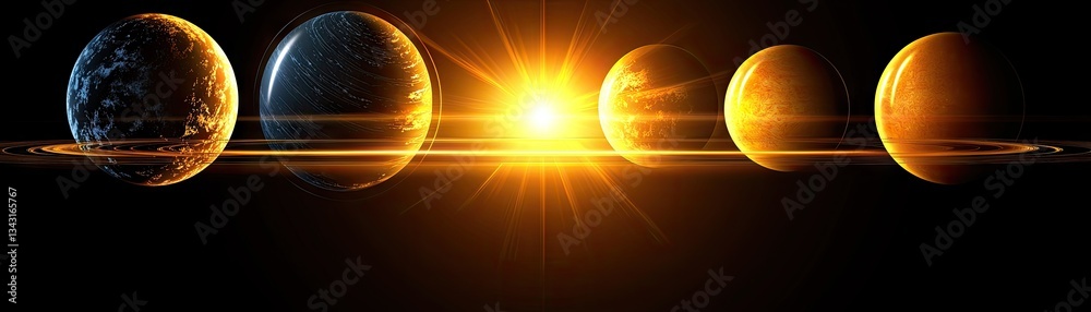Canvas Prints planets aligned with bright shining star and rings in dark galactic outer space scene