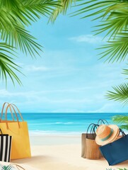 Obraz premium Relaxing Beach Scene with Shopping Bags and Summer Hats Beneath Palms
