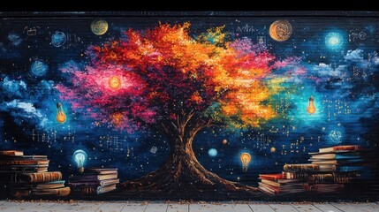 Colorful cosmic tree mural, city wall, knowledge, education