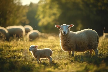 Fototapeta premium Ewe and lamb in pasture at sunset, idyllic rural scene, farm animals