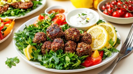 Delicious mediterranean cuisine featuring flavorful meatballs with lemon and fresh herbs bright food photography