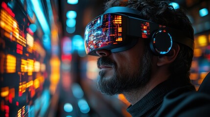 Man wearing a virtual reality headset in front of a wall of stock