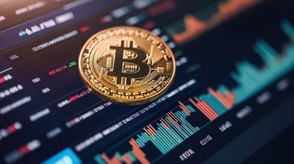 Bitcoin cryptocurrency on graphical background with trading data and market statistics for financial investment and economic growth. Digital gold and strategic reserves concept