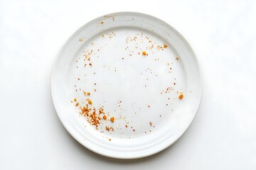 A clean white plate with remnants of a delicious meal, hinting at a satisfying feast just concluded; subtle speckles of spice and crumbs against a minimalist backdrop.