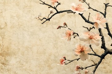 Delicate Cherry Blossom Branch on Vintage Textured Background with Soft Earthy Tones