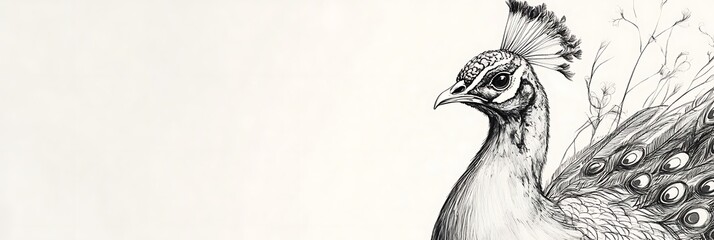 Fototapeta premium Peacock detailed illustration, elegant design, drawing in monochrome, for interior decoration or art prints