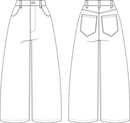 mid high rise waist wide leg baggy denim jean pant trouser template technical drawing flat sketch cad mockup fashion woman design style model 
