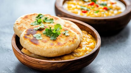 Delicious flatbread and dal served in wooden bowl with fresh coriander garnish on grey surface