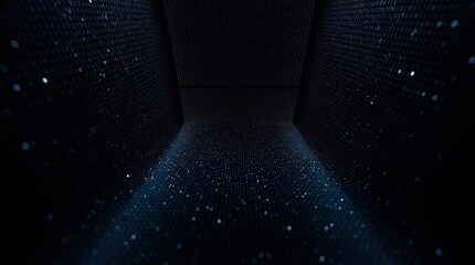 Digital tunnel, glowing particles, dark background, abstract, futuristic design