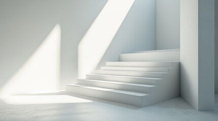 Modern minimalist white staircase with sunlit shadows and simple geometry
