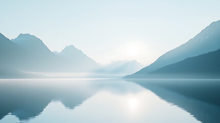 Serene Mountain and Lake Reflections in Soft Pastel and Blue Hues
