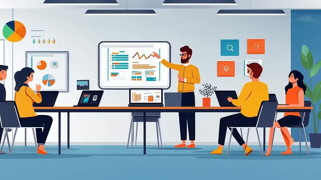 Team meeting with a presenter showing data analysis on a whiteboard.