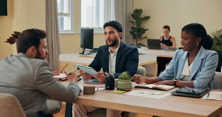 Teamwork, meeting and talking with business people in office for strategy, discussion and company sales. Planning, profit report and collaboration with employees in agency for development and project
