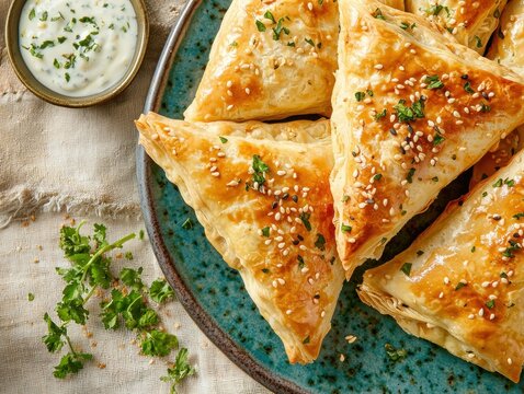 Delicious golden spanakopita triangles with sesame seeds garnished with fresh herbs overhead view