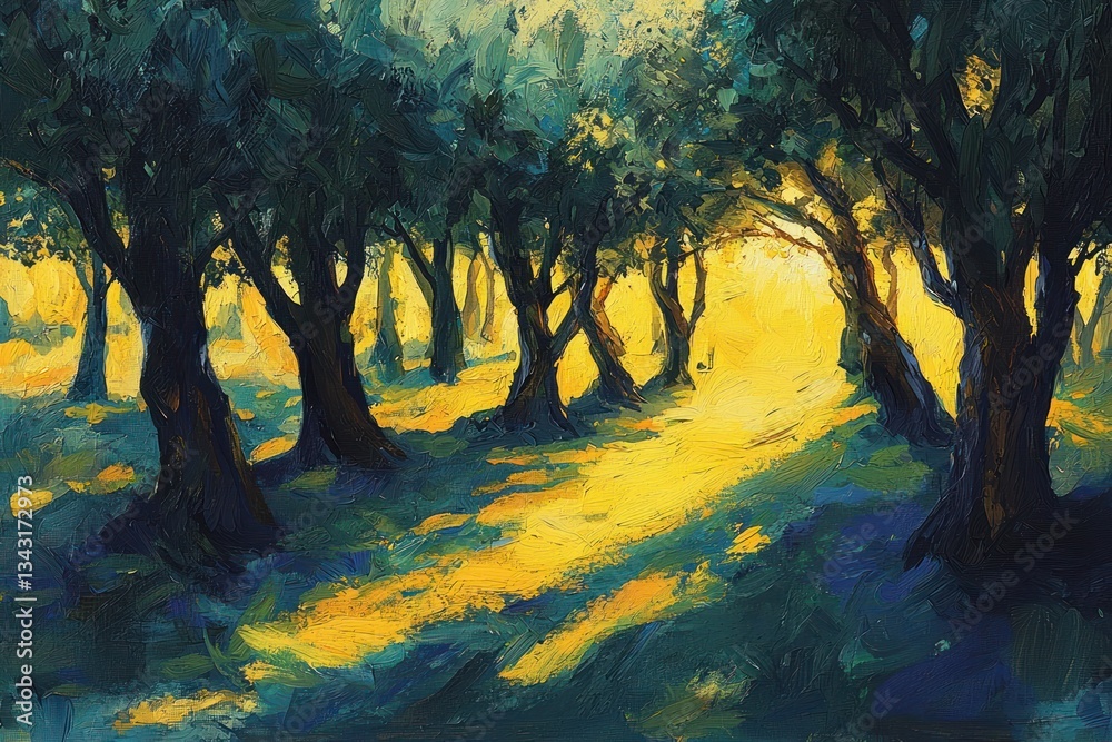 Poster impressionistic olive grove with vibrant yellow sunbeams casting shadows along a tree lined path