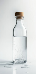 Clear glass water bottle with a wooden cap, partially filled with water, set against a white background with water droplets around the base