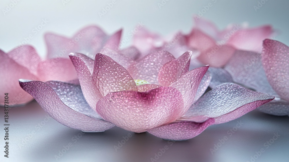 Poster delicate petals in shades of pink and lilac unfold with elegance, reflecting soft light and creating