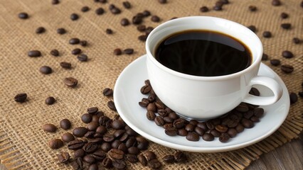 Fototapeta premium Closeup of a cup of coffee with beans on a saucer, showcasing a fresh and aromatic morning beverage with roasted coffee beans