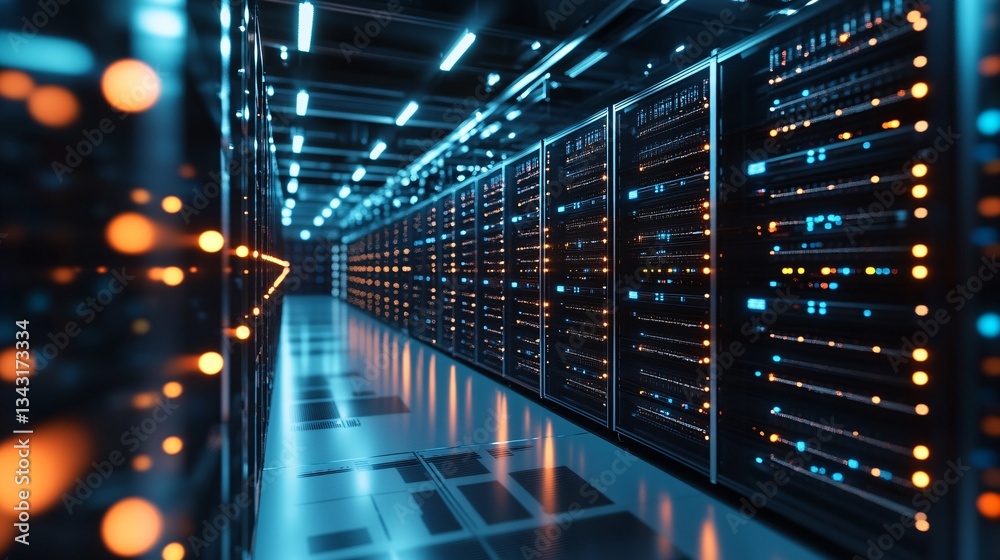 Poster a futuristic data center with rows of sleek server racks illuminated by glowing led lights, symboliz