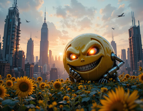 Creepy Glowing Emoji Robot in a Sunflower Field with Cityscape