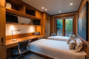 A convertible guest room where beds and desks fold into walls seamlessly