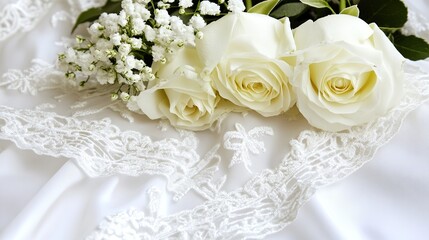 White roses, lace, bridal bouquet, ceremony, close-up