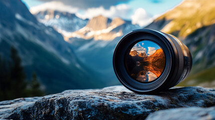 A detailed shot of a camera lens reflecting a stunning mountain landscape.