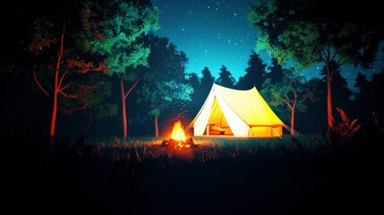 Illuminated Glamping Tent  Night Forest Campfire Scene