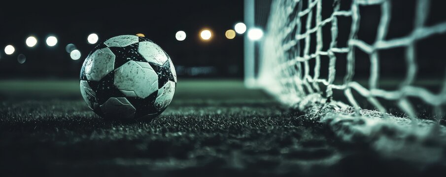 A soccer ball on the field near the goal at night with blurred lights in the background.