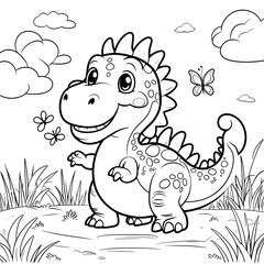Obraz premium Bring joy and creativity to coloring enthusiasts with this Kawaii Cute Dinosaur Coloring Page! This charming and minimalist dinosaur illustration is designed with bold, clean outlines